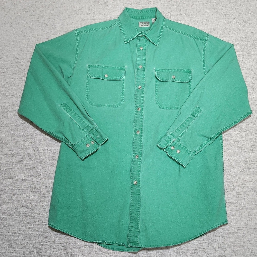 LL Bean Button Down Shirt Mens L Tall Green Cotton Long Sleeve Workwear Pocket